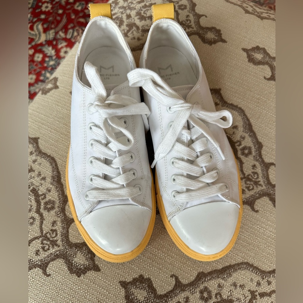 Marc Fisher white with yellow tennis shoes 7 1/2